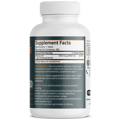 Bronson Vitamin D3 5000 IE (125 µg) – für gesunde Muskelfunktion und Immununterstützung, Non-GMO, 360 Tabletten