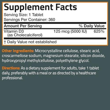 Bronson Vitamin D3 5000 IE (125 µg) – für gesunde Muskelfunktion und Immununterstützung, Non-GMO, 360 Tabletten