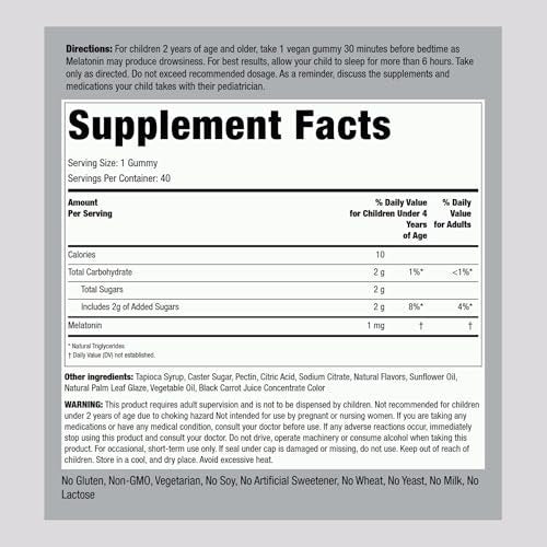 Piping Rock Kids Melatonin Gummies 1mg | 40 Gummibärchen | Kirschgeschmack | Vegan, Nicht-GVO, Glutenfrei