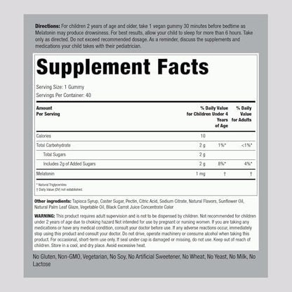 Piping Rock Kids Melatonin Gummies 1mg | 40 Gummibärchen | Kirschgeschmack | Vegan, Nicht-GVO, Glutenfrei