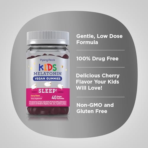 Piping Rock Kids Melatonin Gummies 1mg | 40 Gummibärchen | Kirschgeschmack | Vegan, Nicht-GVO, Glutenfrei