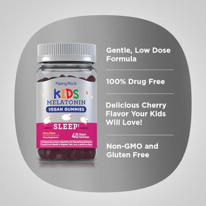 Piping Rock Kids Melatonin Gummies 1mg | 40 Gummibärchen | Kirschgeschmack | Vegan, Nicht-GVO, Glutenfrei
