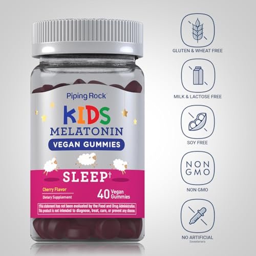 Piping Rock Kids Melatonin Gummies 1mg | 40 Gummibärchen | Kirschgeschmack | Vegan, Nicht-GVO, Glutenfrei