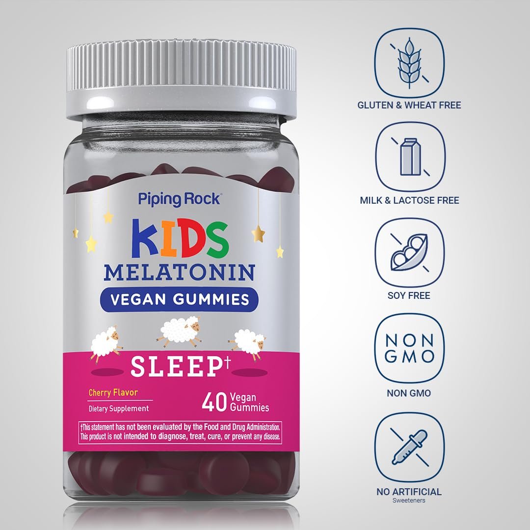 Piping Rock Kids Melatonin Gummies 1mg | 40 Gummibärchen | Kirschgeschmack | Vegan, Nicht-GVO, Glutenfrei