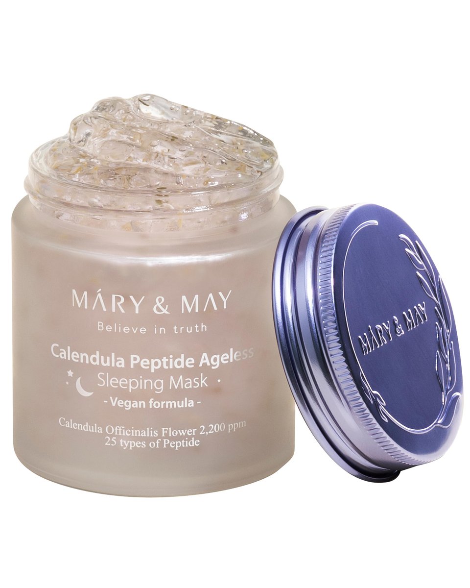 Mary&May Vegan Calendula Peptide Ageless Sleeping Mask – Über Nacht feuchtigkeitsspendende Gel-Gesichtsmaske mit 2.200 ppm echten Blütenblättern, 25 Peptiden, Ceramid & Hyaluronsäure, beruhigend, 3,7 fl oz
