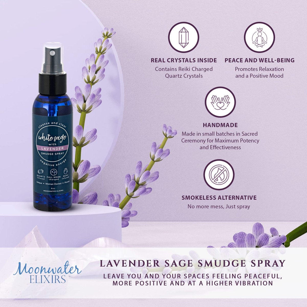 Lavendel-Salbei Aromatherapie-Spray zur spirituellen Reinigung & Aura-Schutz – Weißer Salbei-Lavendel-Spray zur Reinigung negativer Energie & Schutz – Klarer Quarz Reiki-energetisierter Aromatherapie-Raumnebel 118 ml