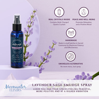 Lavendel-Salbei Aromatherapie-Spray zur spirituellen Reinigung & Aura-Schutz – Weißer Salbei-Lavendel-Spray zur Reinigung negativer Energie & Schutz – Klarer Quarz Reiki-energetisierter Aromatherapie-Raumnebel 118 ml
