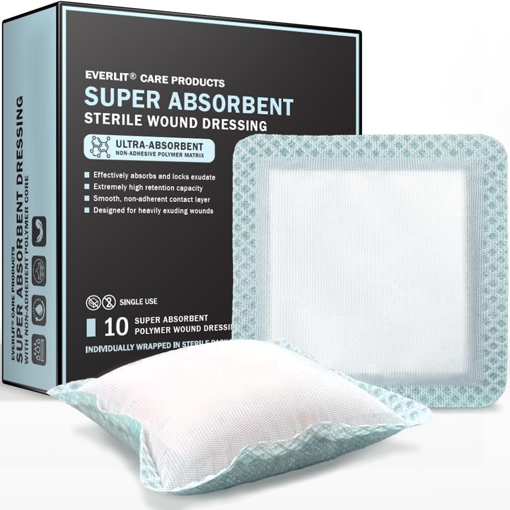 EVERLIT Superabsorbierender Wundverband | Nicht haftende, weiche chirurgische Gaze für stark nässende Wunden | Großer steriler, nicht klebender Verband für schnelle Wundheilung | Packung mit 10 (10 x 10 cm)