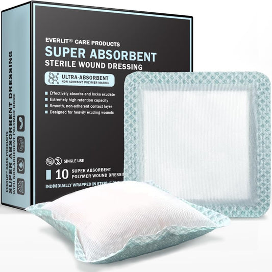 EVERLIT Superabsorbierender Wundverband | Nicht haftende, weiche chirurgische Gaze für stark nässende Wunden | Großer steriler, nicht klebender Verband für schnelle Wundheilung | Packung mit 10 (10 x 10 cm)