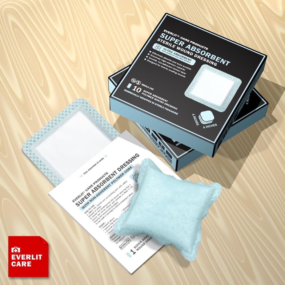 EVERLIT Superabsorbierender Wundverband | Nicht haftende, weiche chirurgische Gaze für stark nässende Wunden | Großer steriler, nicht klebender Verband für schnelle Wundheilung | Packung mit 10 (10 x 10 cm)