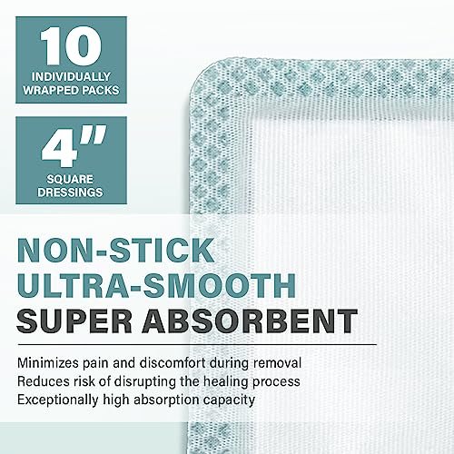 EVERLIT Superabsorbierender Wundverband | Nicht haftende, weiche chirurgische Gaze für stark nässende Wunden | Großer steriler, nicht klebender Verband für schnelle Wundheilung | Packung mit 10 (10 x 10 cm)