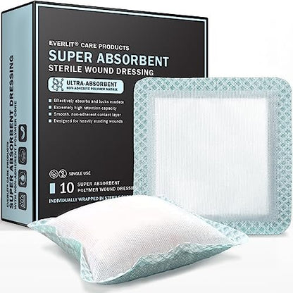 EVERLIT Superabsorbierender Wundverband | Nicht haftende, weiche chirurgische Gaze für stark nässende Wunden | Großer steriler, nicht klebender Verband für schnelle Wundheilung | Packung mit 10 (10 x 10 cm)