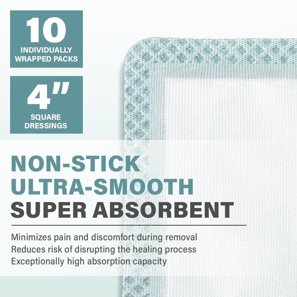 EVERLIT Superabsorbierender Wundverband | Nicht haftende, weiche chirurgische Gaze für stark nässende Wunden | Großer steriler, nicht klebender Verband für schnelle Wundheilung | Packung mit 10 (10 x 10 cm)