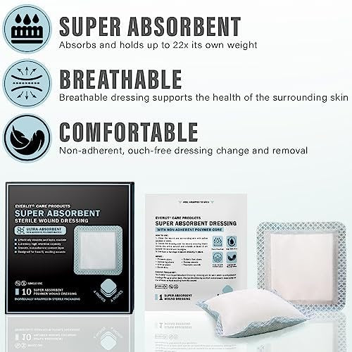 EVERLIT Superabsorbierender Wundverband | Nicht haftende, weiche chirurgische Gaze für stark nässende Wunden | Großer steriler, nicht klebender Verband für schnelle Wundheilung | Packung mit 10 (10 x 10 cm)