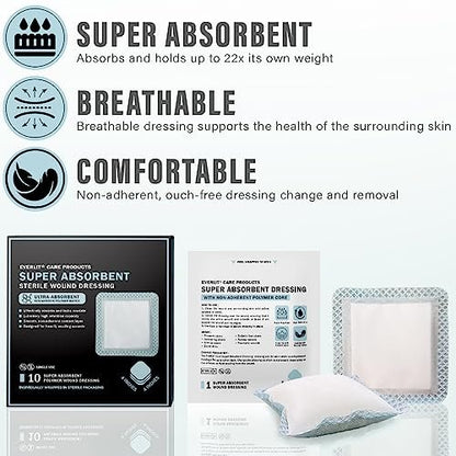 EVERLIT Superabsorbierender Wundverband | Nicht haftende, weiche chirurgische Gaze für stark nässende Wunden | Großer steriler, nicht klebender Verband für schnelle Wundheilung | Packung mit 10 (10 x 10 cm)