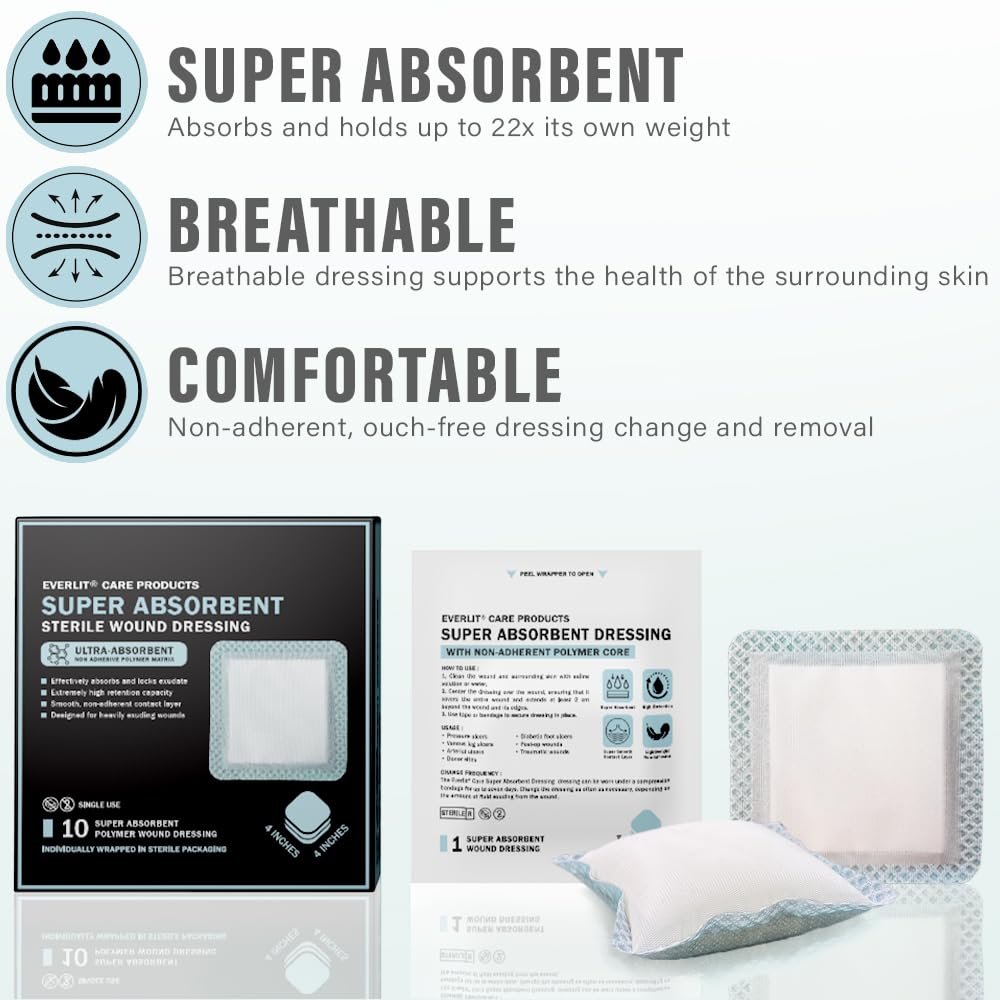 EVERLIT Superabsorbierender Wundverband | Nicht haftende, weiche chirurgische Gaze für stark nässende Wunden | Großer steriler, nicht klebender Verband für schnelle Wundheilung | Packung mit 10 (10 x 10 cm)