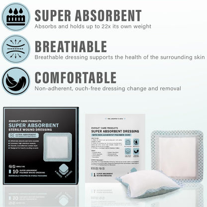 EVERLIT Superabsorbierender Wundverband | Nicht haftende, weiche chirurgische Gaze für stark nässende Wunden | Großer steriler, nicht klebender Verband für schnelle Wundheilung | Packung mit 10 (10 x 10 cm)