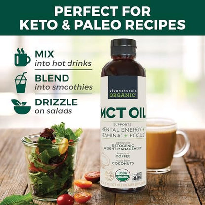 Viva Naturals Bio MCT-Öl, 16 fl oz – MCT-Öl für Kaffee, USDA Bio, Ohne Gentechnik, Paläo-zertifiziert & Keto-freundlich, Unterstützt Energie & geistige Klarheit