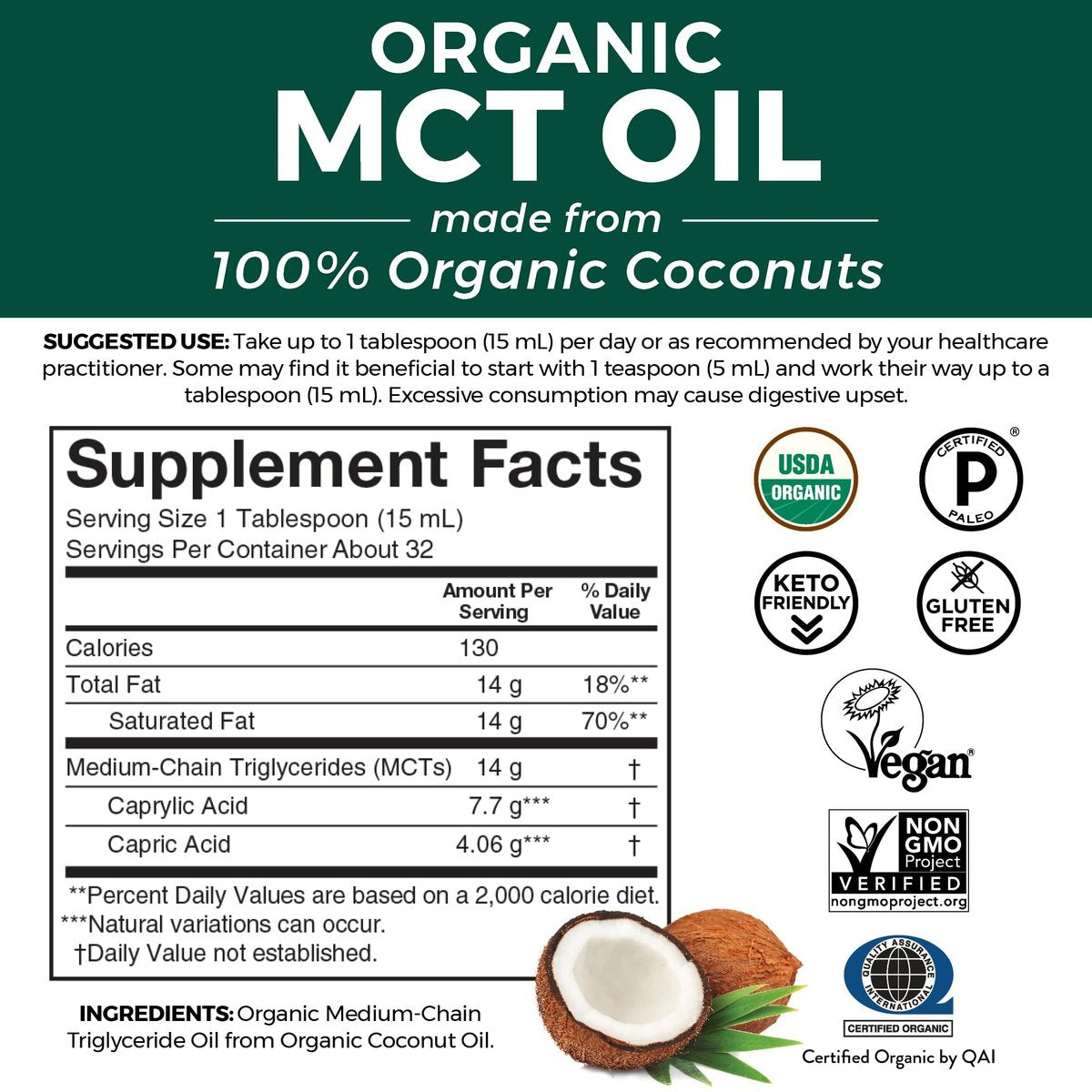 Viva Naturals Bio MCT-Öl, 16 fl oz – MCT-Öl für Kaffee, USDA Bio, Ohne Gentechnik, Paläo-zertifiziert & Keto-freundlich, Unterstützt Energie & geistige Klarheit