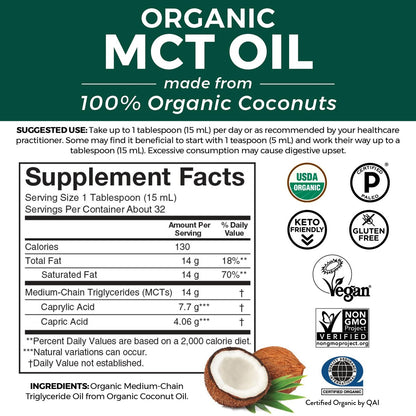 Viva Naturals Bio MCT-Öl, 16 fl oz – MCT-Öl für Kaffee, USDA Bio, Ohne Gentechnik, Paläo-zertifiziert & Keto-freundlich, Unterstützt Energie & geistige Klarheit