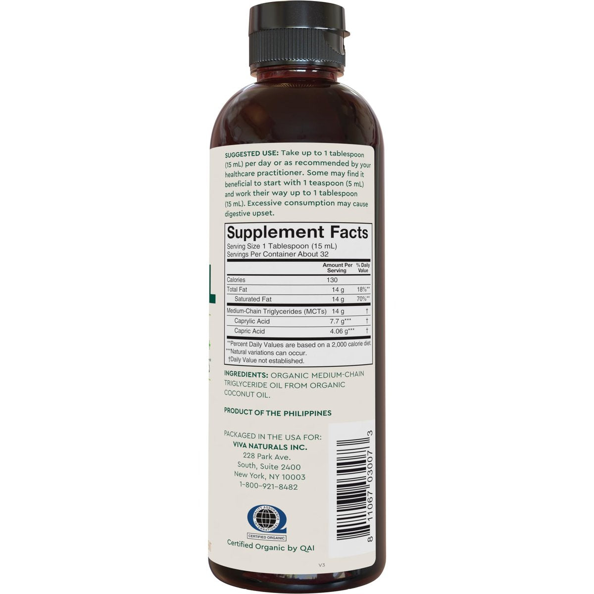 Viva Naturals Bio MCT-Öl, 16 fl oz – MCT-Öl für Kaffee, USDA Bio, Ohne Gentechnik, Paläo-zertifiziert & Keto-freundlich, Unterstützt Energie & geistige Klarheit
