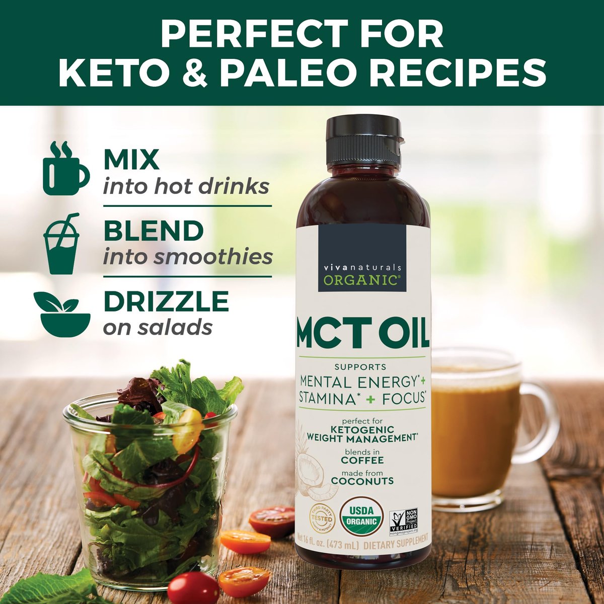 Viva Naturals Bio MCT-Öl, 16 fl oz – MCT-Öl für Kaffee, USDA Bio, Ohne Gentechnik, Paläo-zertifiziert & Keto-freundlich, Unterstützt Energie & geistige Klarheit