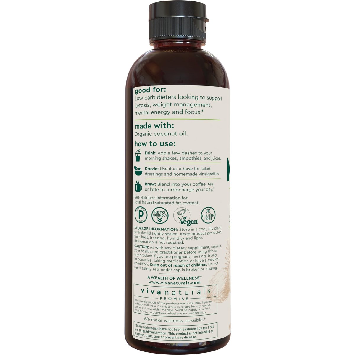 Viva Naturals Bio MCT-Öl, 16 fl oz – MCT-Öl für Kaffee, USDA Bio, Ohne Gentechnik, Paläo-zertifiziert & Keto-freundlich, Unterstützt Energie & geistige Klarheit