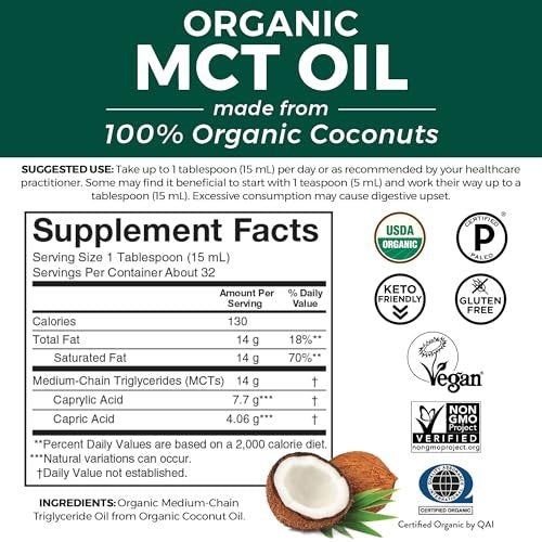 Viva Naturals Bio MCT-Öl, 16 fl oz – MCT-Öl für Kaffee, USDA Bio, Ohne Gentechnik, Paläo-zertifiziert & Keto-freundlich, Unterstützt Energie & geistige Klarheit
