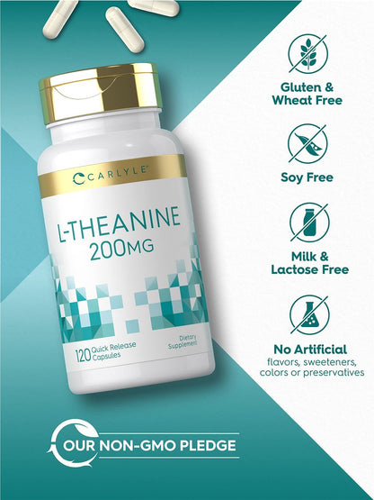Carlyle L-Theanin 200 mg – 120 Kapseln – Nahrungsergänzungsmittel, Nicht-GVO, Glutenfrei