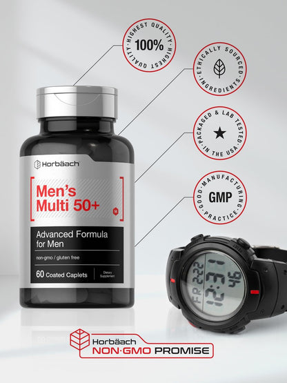 Horbäach Multivitamin für Männer 50 Plus | 60 Kapseln | mit Kalzium, Magnesium, Vitamin A, B, C, D & E | 50+ Advanced Formula | Non-GMO & Glutenfrei
