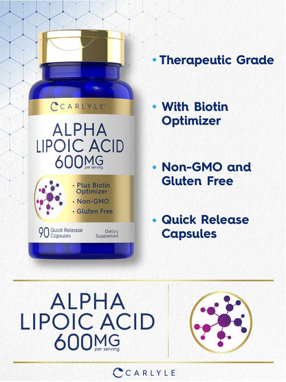 Carlyle Alpha-Liponsäure 600 mg mit Biotin-Booster – 90 Kapseln, Non-GMO & Glutenfrei