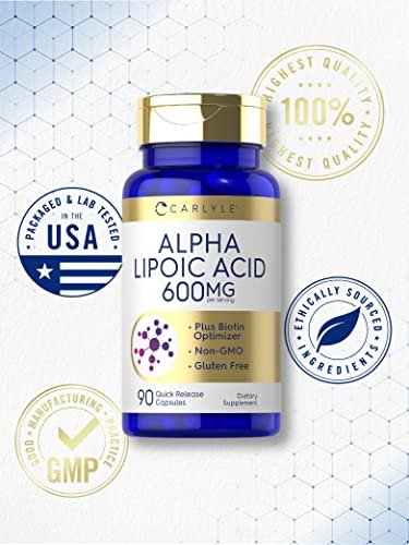Carlyle Alpha-Liponsäure 600 mg mit Biotin-Booster – 90 Kapseln, Non-GMO & Glutenfrei