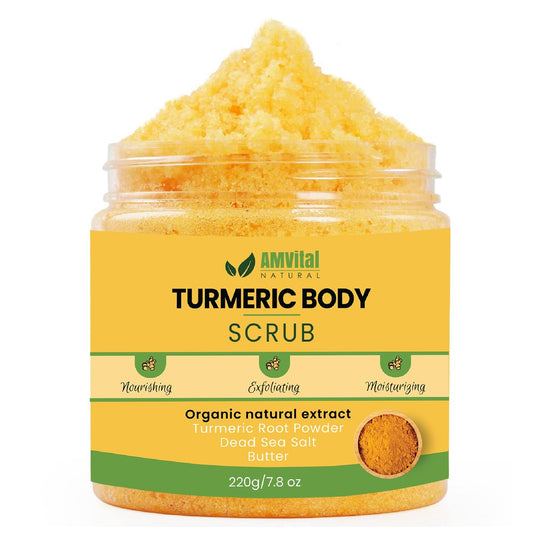 AMVital Kurkuma Körperpeeling – Handgemachtes Naturpeeling für Körper, Gesicht, Hände und Füße – Natürliche Hautpflege für Frauen – Geeignet für alle Hauttypen (220 g)