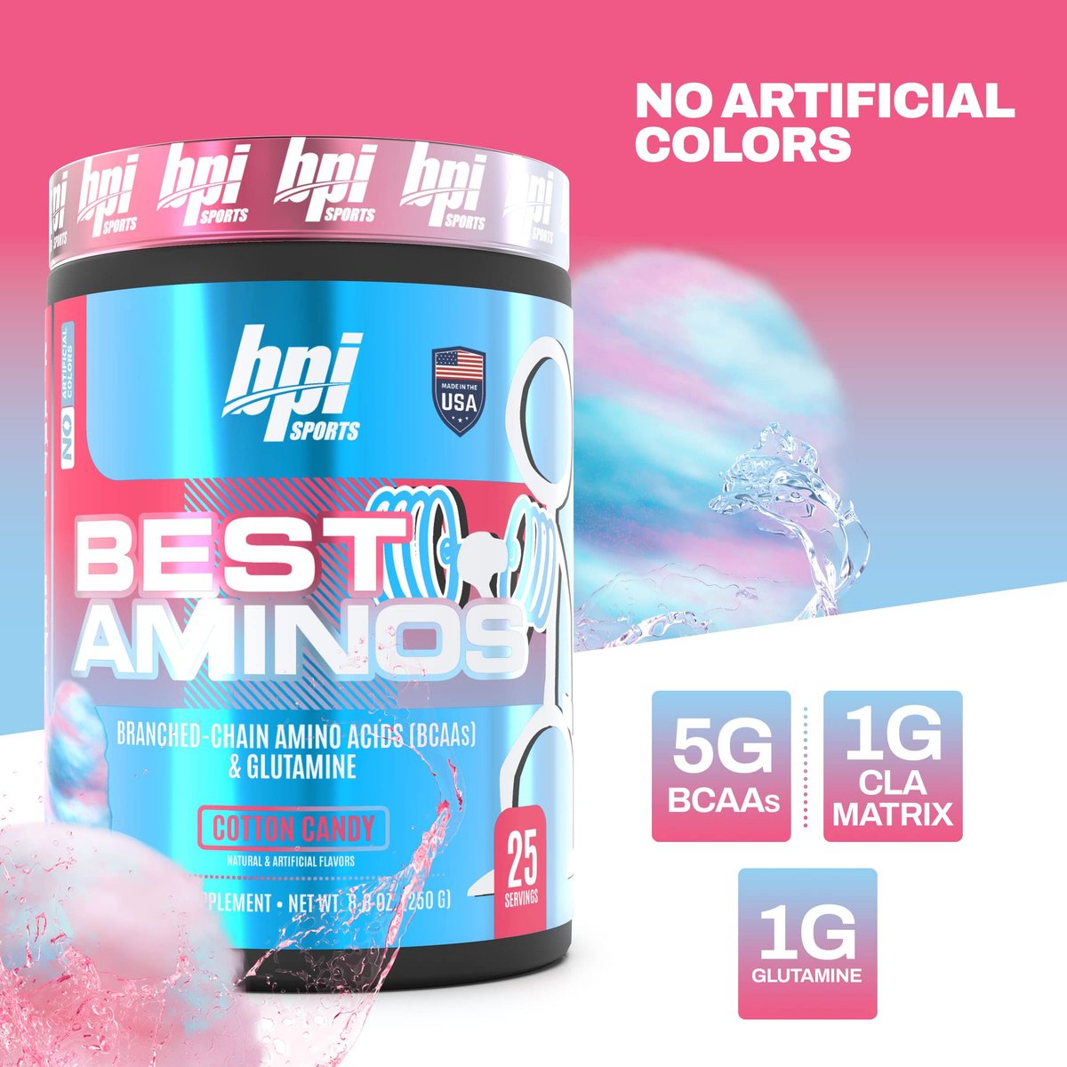 BPI Sports Best Aminos – BCAA Pulver nach dem Training & Glutamin Erholungsgetränk mit verzweigtkettigen Aminosäuren für Hydratation & Erholung, für Männer & Frauen – Zuckerwatte – 25 Portionen