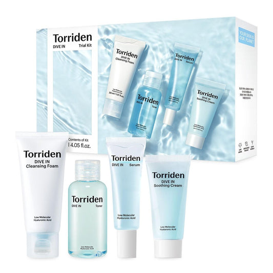 Torriden DIVE IN Trial Kit – Hyaluronsäure-Skincare-Set für die tägliche Routine (4-teilig: Reinigungsschaum, Toner, Serum & Creme) – Reisegröße Koreanische Hautpflege