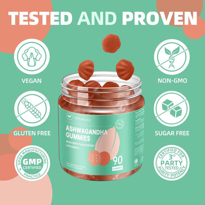 AFXMATE Ashwagandha Gummis für Frauen & Männer – Zuckerfrei mit Magnesium & Vitamin D 1000 IU – Vegan (90 Stück)