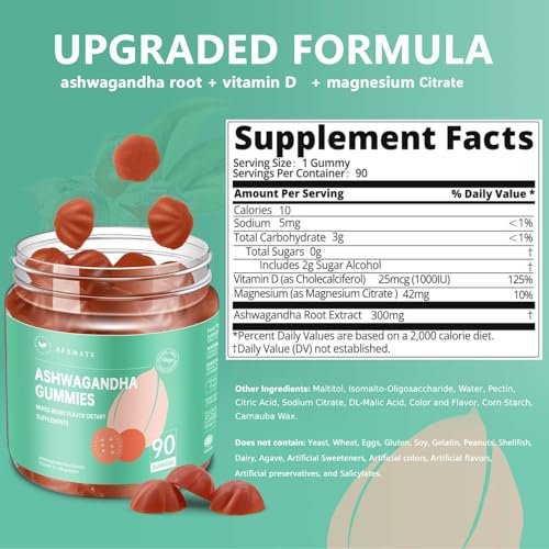 AFXMATE Ashwagandha Gummis für Frauen & Männer – Zuckerfrei mit Magnesium & Vitamin D 1000 IU – Vegan (90 Stück)