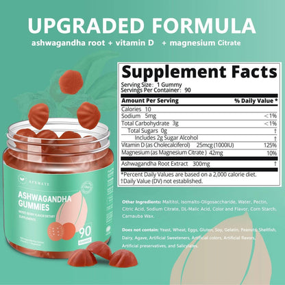 AFXMATE Ashwagandha Gummis für Frauen & Männer – Zuckerfrei mit Magnesium & Vitamin D 1000 IU – Vegan (90 Stück)