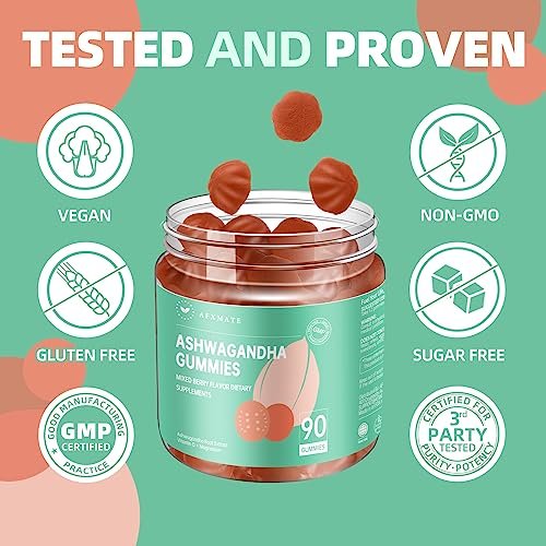 AFXMATE Ashwagandha Gummis für Frauen & Männer – Zuckerfrei mit Magnesium & Vitamin D 1000 IU – Vegan (90 Stück)