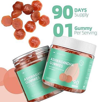 AFXMATE Ashwagandha Gummis für Frauen & Männer – Zuckerfrei mit Magnesium & Vitamin D 1000 IU – Vegan (90 Stück)