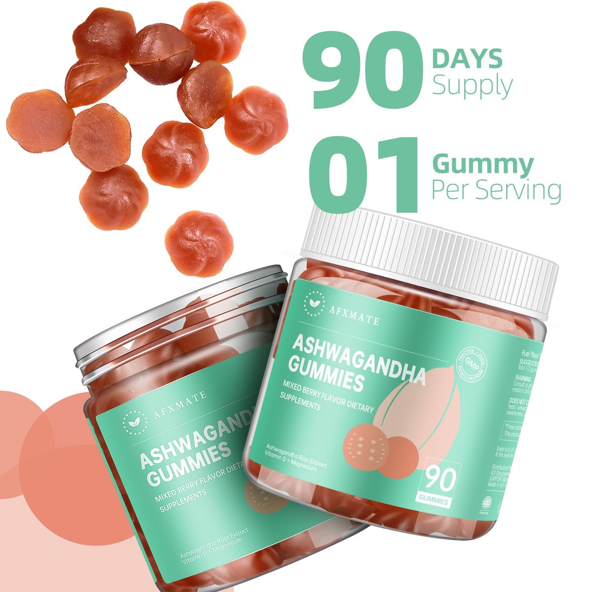 AFXMATE Ashwagandha Gummis für Frauen & Männer – Zuckerfrei mit Magnesium & Vitamin D 1000 IU – Vegan (90 Stück)