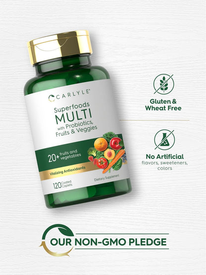 Carlyle Obst- und Gemüse-Supplement | 120 Kapseln | Superfood Multivitamin mit Probiotika | Hergestellt aus 20 Früchten und Gemüse | Non-GMO & Glutenfrei