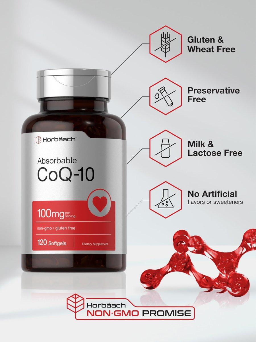 Horbäach CoQ10 100 mg – 120 Weichkapseln – Nicht-GVO & glutenfreies Nahrungsergänzungsmittel