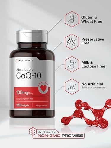 Horbäach CoQ10 100 mg – 120 Weichkapseln – Nicht-GVO & glutenfreies Nahrungsergänzungsmittel