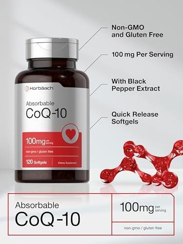 Horbäach CoQ10 100 mg – 120 Weichkapseln – Nicht-GVO & glutenfreies Nahrungsergänzungsmittel
