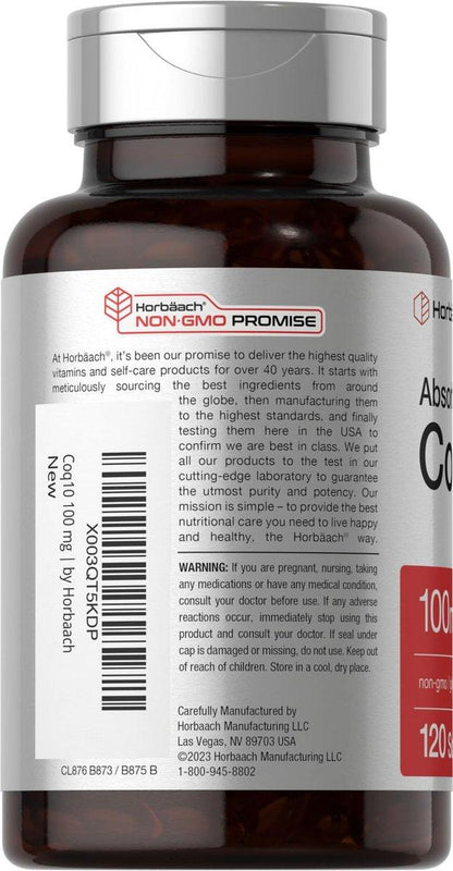 Horbäach CoQ10 100 mg – 120 Weichkapseln – Nicht-GVO & glutenfreies Nahrungsergänzungsmittel