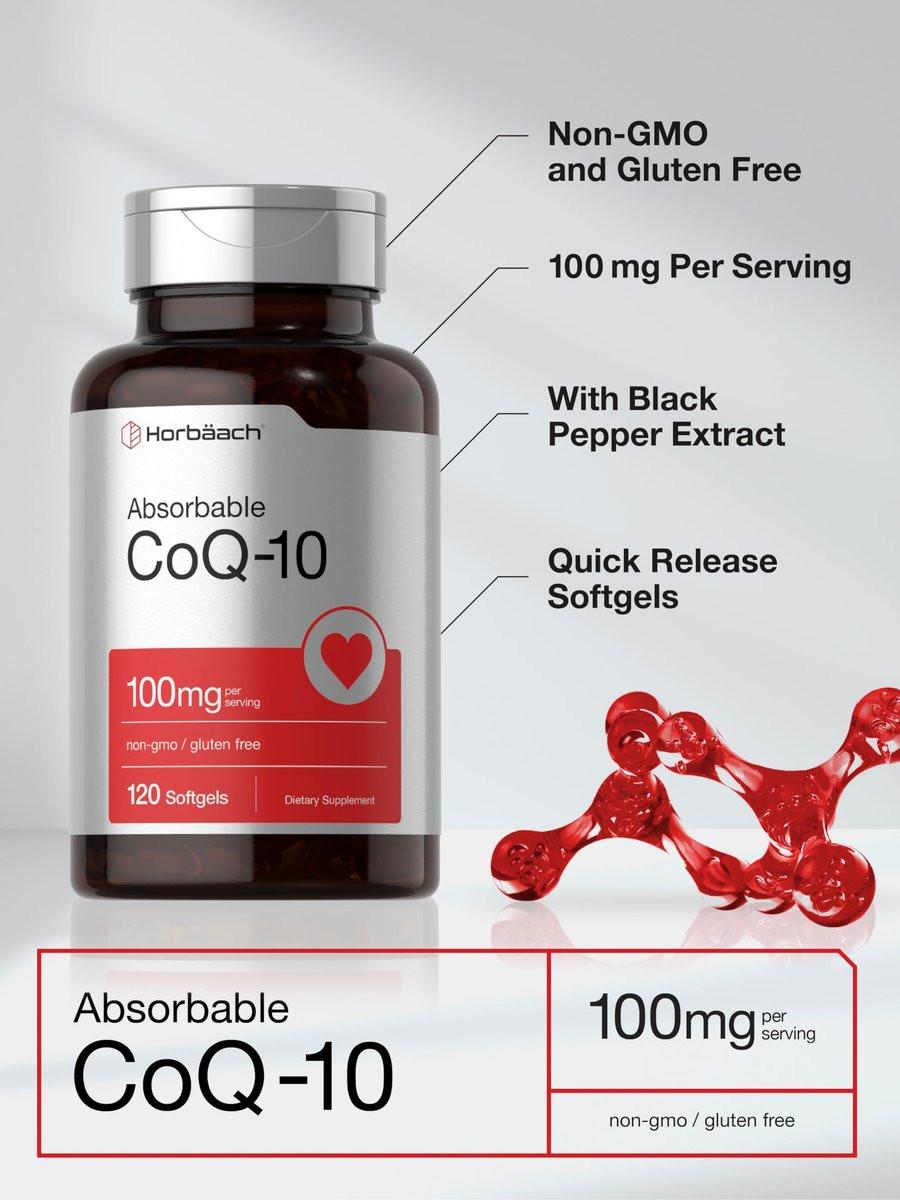 Horbäach CoQ10 100 mg – 120 Weichkapseln – Nicht-GVO & glutenfreies Nahrungsergänzungsmittel
