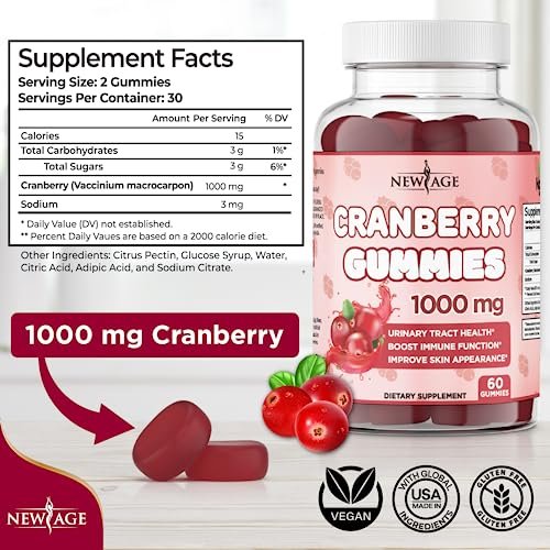 NEW AGE Cranberry Gummies 1000mg – Unterstützt Blasen-, Nieren- und Harnwegsgesundheit – Vegetarisch, 60 Gummibärchen