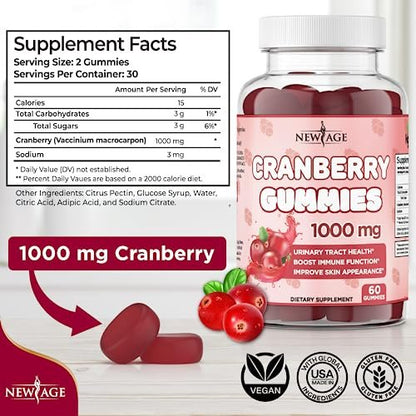 NEW AGE Cranberry Gummies 1000mg – Unterstützt Blasen-, Nieren- und Harnwegsgesundheit – Vegetarisch, 60 Gummibärchen