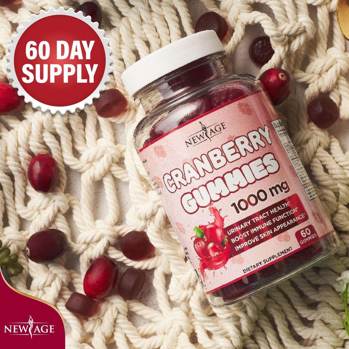 NEW AGE Cranberry Gummies 1000mg – Unterstützt Blasen-, Nieren- und Harnwegsgesundheit – Vegetarisch, 60 Gummibärchen